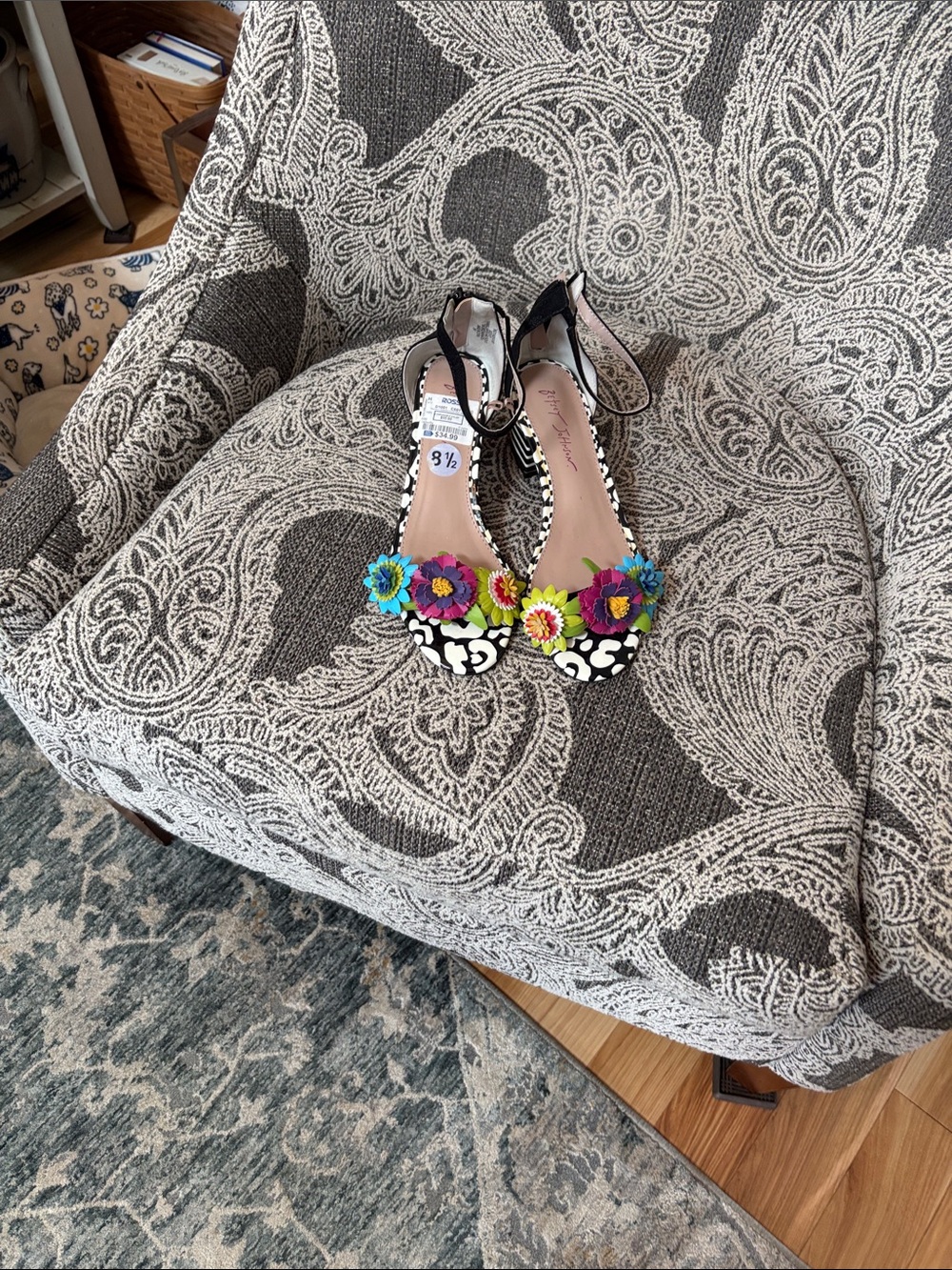 Betsey Johnson Black & White Floral Applique Ankle Strap Sandals